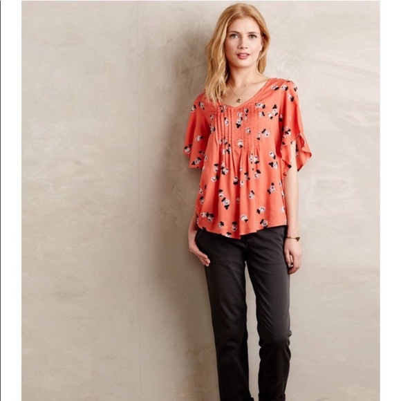 Anthro Maeve Coral Floral Flutter Pin-tuck Blouse Top - Picture 3 of 10